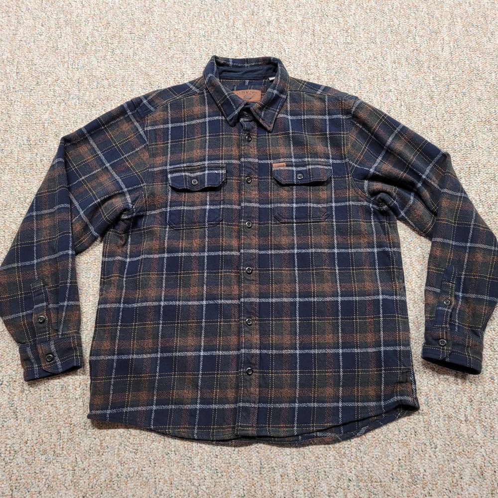Orvis Shirt Mens XL Blue Brown Plaid Flannel Long Sleeve Heavyweight Shacket